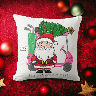 Personalized Pink Golf Cart Santa Christmas Tree Cushion