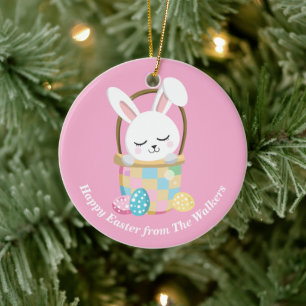 Personalized Pink Happy Easter Bunny Ceramic Ornament