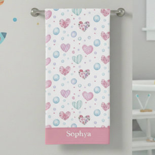 Personalized Pink Heart Kids Bath Towel