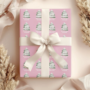 Personalized Pink Holiday Christmas Tree Wrapping Paper