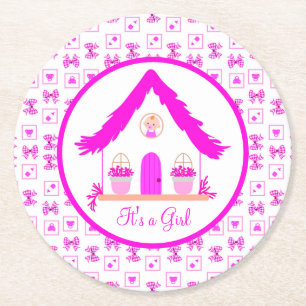 Personalized Pink House It's a Girl Round Paper Coaster