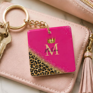 Personalized Pink Leopard Gold Glitter Monogram Key Ring