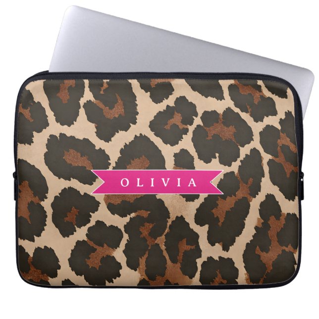 Personalized Pink Leopard Print Chic Animal Print Laptop Sleeve (Front)