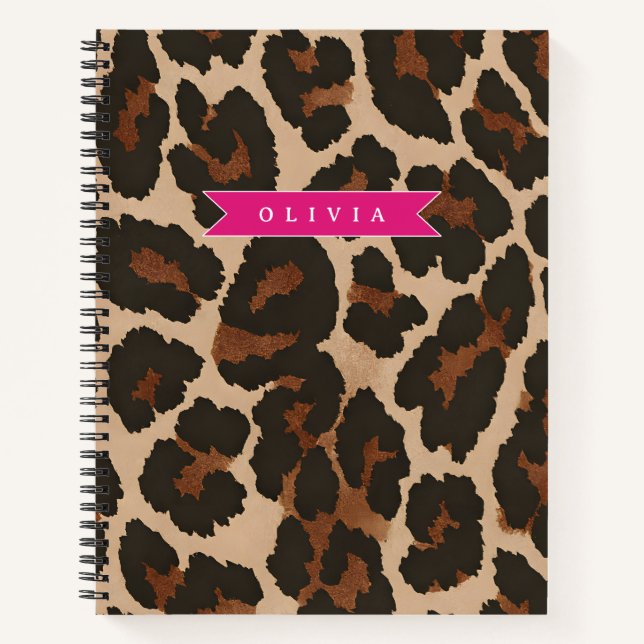 Personalized Pink Leopard Print Chic Animal Print Notebook (Front)
