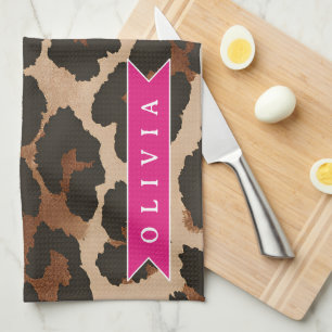 Personalized Pink Leopard Print Chic Animal Print Tea Towel