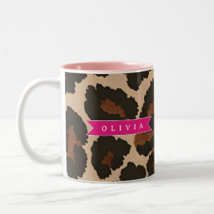 Personalized Pink Leopard Print Chic Animal Print Two-Tone Coffee Mug