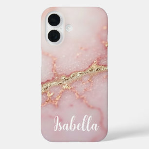 Personalized Pink Marble Stylish Gold iPhone 16 Case