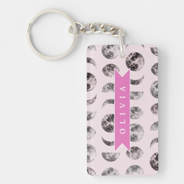 Personalized Pink Moon Phase Celestial Name Gift Key Ring (Front)