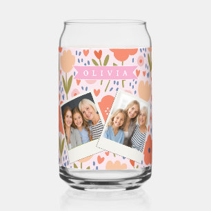 Personalized pink nordic cute folk floral pattern can glass