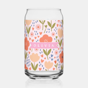 Personalized pink nordic cute folk floral pattern can glass
