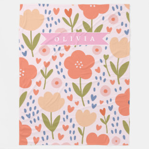 Personalized pink nordic cute folk floral pattern fleece blanket
