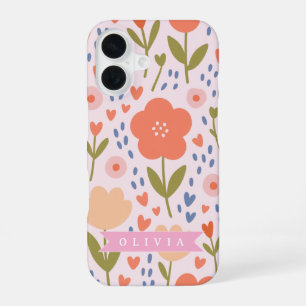 Personalized pink nordic cute folk floral pattern iPhone 16 case
