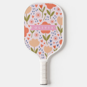 Personalized pink nordic cute folk floral pattern pickleball paddle