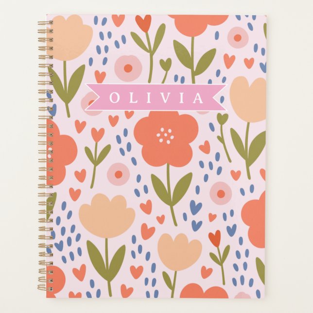 Personalized pink nordic cute folk floral pattern planner (Front)