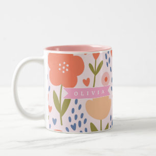 Personalized pink nordic cute folk floral pattern Two-Tone coffee mug