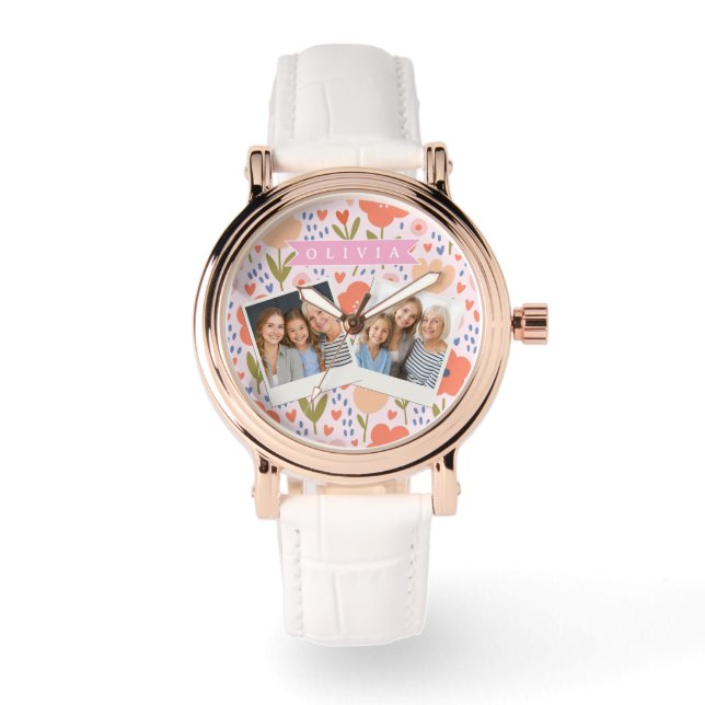 Personalized pink nordic cute folk floral pattern watch (Front)