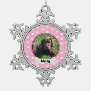 Personalized Pink Paw Print Dog Puppy Bone Photo Snowflake Pewter Christmas Ornament