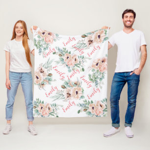 Personalized Pink Peonies Fleece Blanket