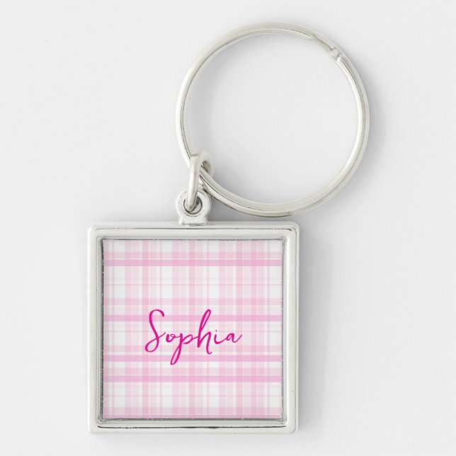 Personalized Pink Plaid  Key Ring (Front)