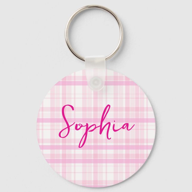 Personalized Pink Plaid keychain  with Name  (Front)