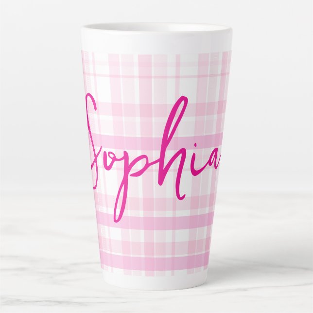 Personalized Pink Plaid Latte Mug with Name  (Front)