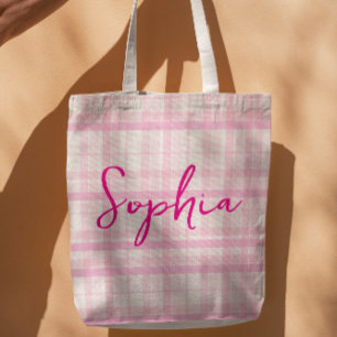 Personalized Pink Plaid Name Tote Bag