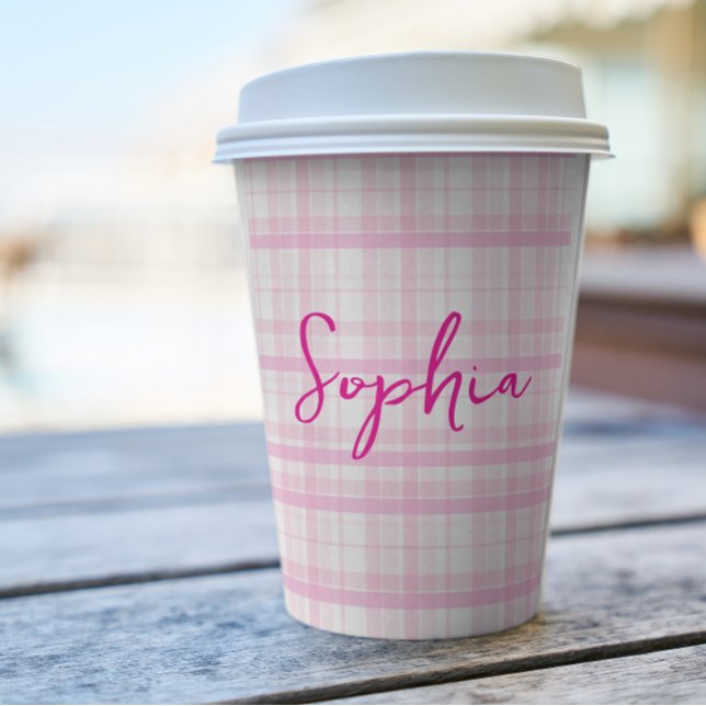 Personalized Pink Plaid Paper Cups with Name  (Creator Uploaded)
