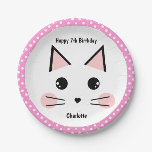 Personalized Pink Polka Dot Kitty Cat Paper Plate