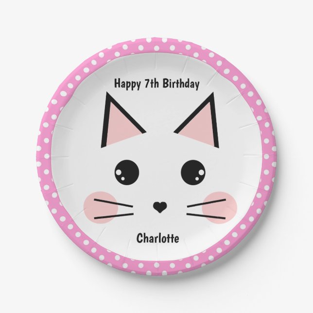 Personalized Pink Polka Dot Kitty Cat Paper Plate (Front)