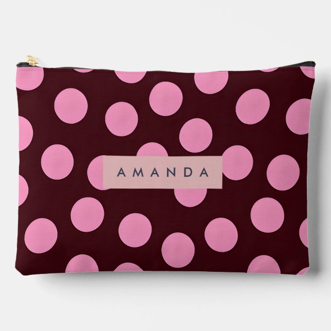 Personalized Pink Polka Dot on Chocolate  Accessory Pouch (Front)