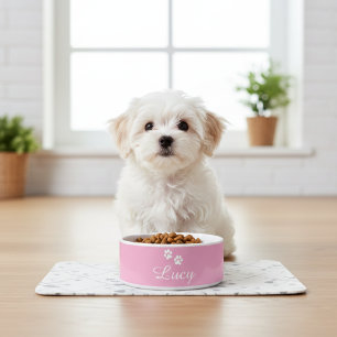 Personalized Pink Puppy Dog Bowl with White Paw
