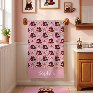 Personalized Pink Red Panda Kids Bath Towel