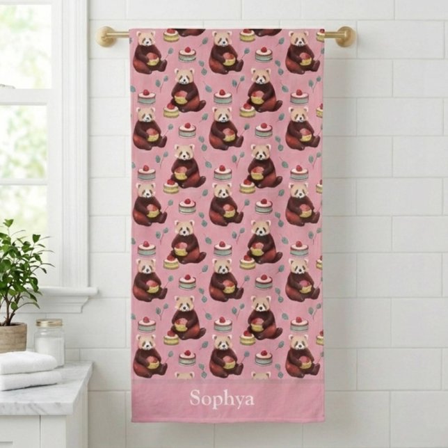 Personalized Pink Red Panda Kids Bath Towel (Creator Uploaded)