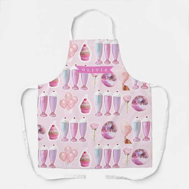 Personalized Pink Retro Milkshake Cute Coquette Apron (Front)