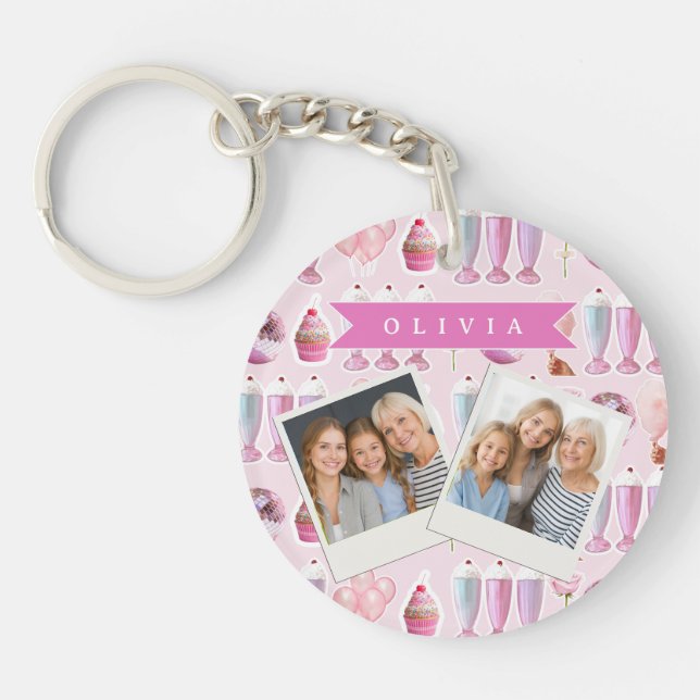 Personalized Pink Retro Milkshake Cute Coquette Key Ring (Front)