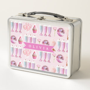 Personalized Pink Retro Milkshake Cute Coquette Metal Lunch Box