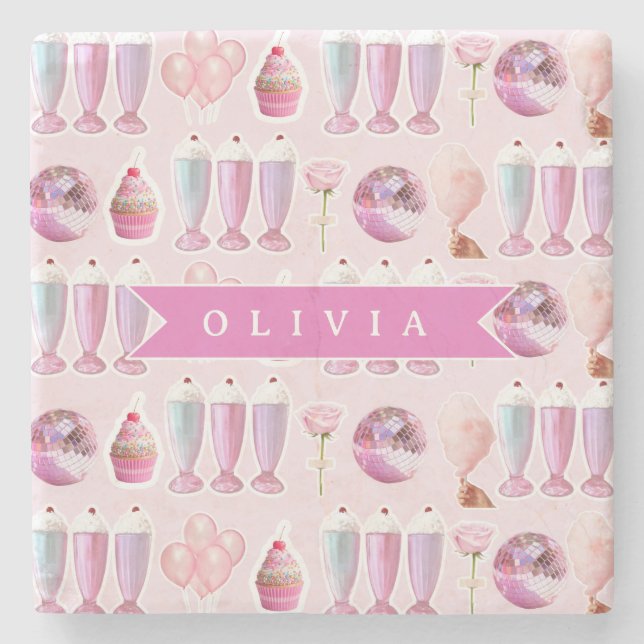 Personalized Pink Retro Milkshake Cute Coquette Stone Coaster (Front)
