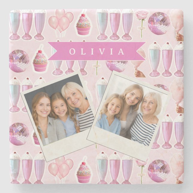 Personalized Pink Retro Milkshake Cute Coquette Stone Coaster (Front)