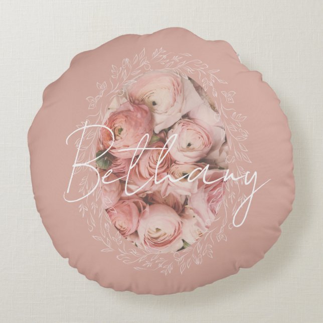 Personalized Pink Roses Romantic Elegant Vintage  Round Cushion (Back)