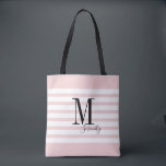 Personalized pink simple name and monogram tote bag<br><div class="desc">Elegant Modern Personalized monogram and name on pink and white stripes background,  simple and stylish. great personalized beach tote bag and bridal party gifts at wedding party,  bridal shower or bachelorette party.  Customize the background color with your choice.</div>
