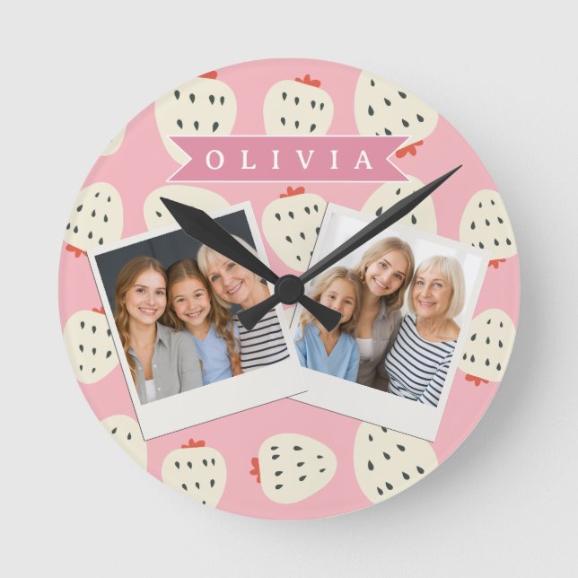 Personalized Pink Strawberry Name Cute Girly Round Clock (Front)