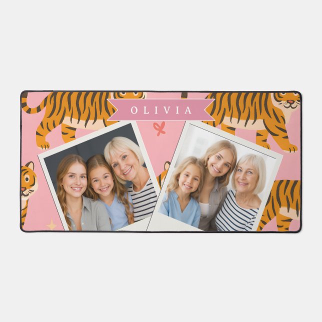 Personalized Pink Tiger Chic Edgy Fun Aesthetic Desk Mat (Front)
