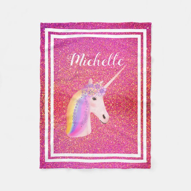 Personalized Pink Unicorn Glitter Sparkles Girls Fleece Blanket (Front)