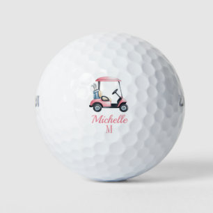 Personalized Pink Watercolor Golf Cart Golfers Golf Balls