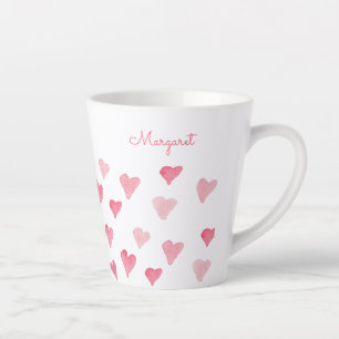 Personalized Pink Watercolor Hearts Valentines Day Latte Mug