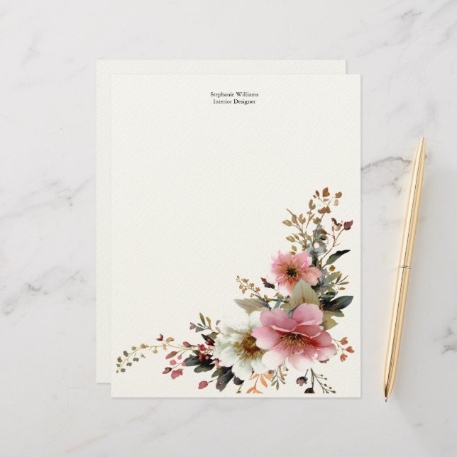 Personalized  Pink White Wildflowers Florals  Custom Letterhead (Front/Back In Situ)