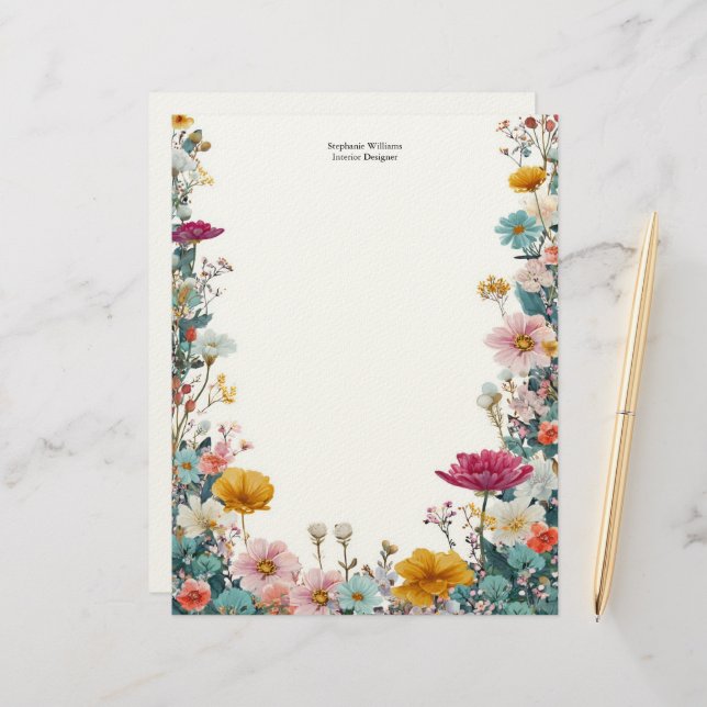 Personalized Pink Yellow Teal Wildflowers  Custom Letterhead (Front/Back In Situ)