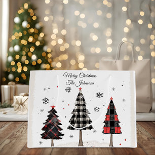 Personalized Plaid Christmas Trees Family Name Large Gift Bag