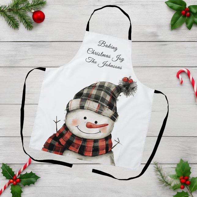 Personalized Plaid Snowman Christmas Family Name Apron (Creator Uploaded)