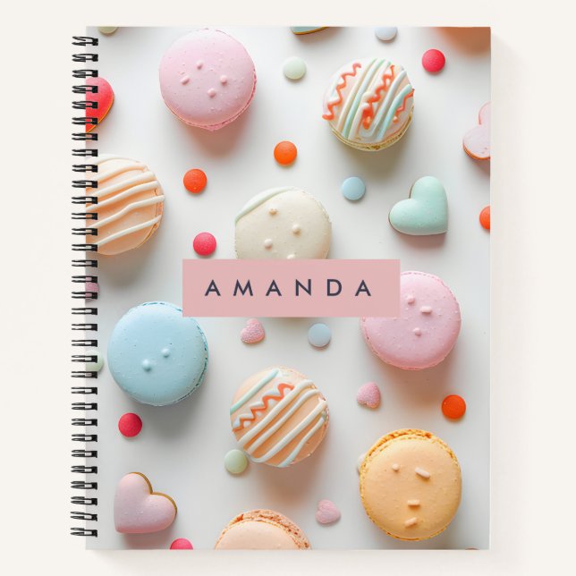 Personalized Playful Pastel Macaron & Candy Heart  Notebook (Front)